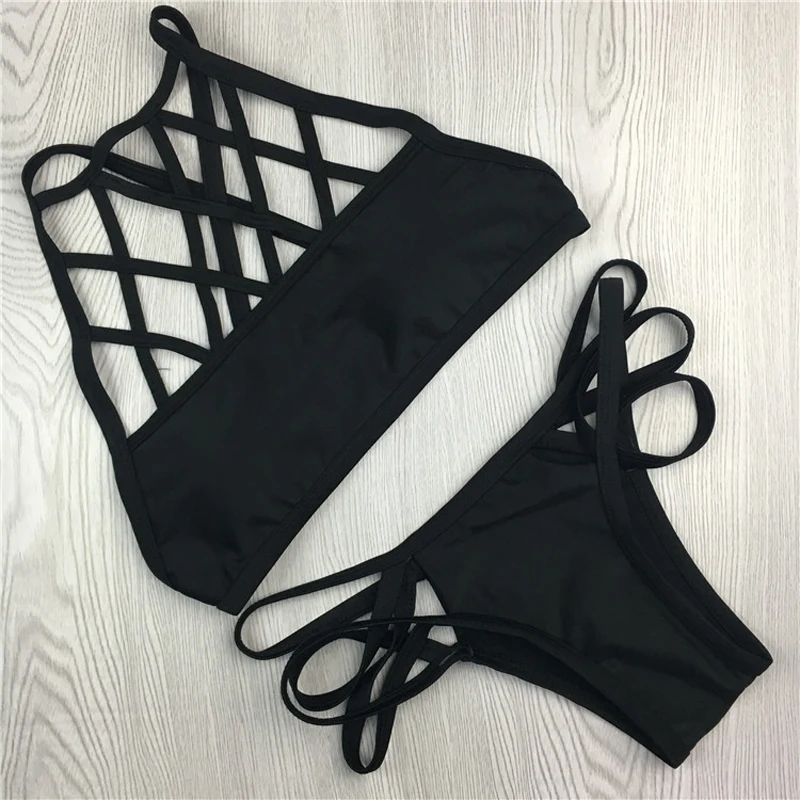 

Bikini 2017 Sexy High Neck Swimsuit Women Hollow out Bathing Suit Black Biquinis Maillot De Bain Multi-strings Bandage Swimwear