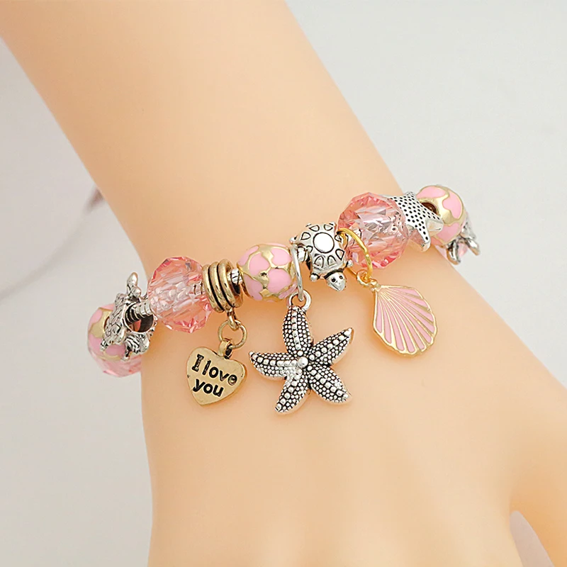 Hot Ocean Tibetan Silver Charm Bracelet Bangle for Women Romantic Pink Shell Crystal Bracelet Heart Turtle Beads Bracelets Gift