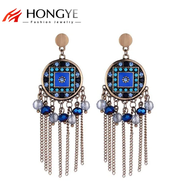 

Hot 2 Colors Ethnic Vintage Earrings for Women Deep Blue Enameling Long Chain Pendants Beads Earrings Bijoux