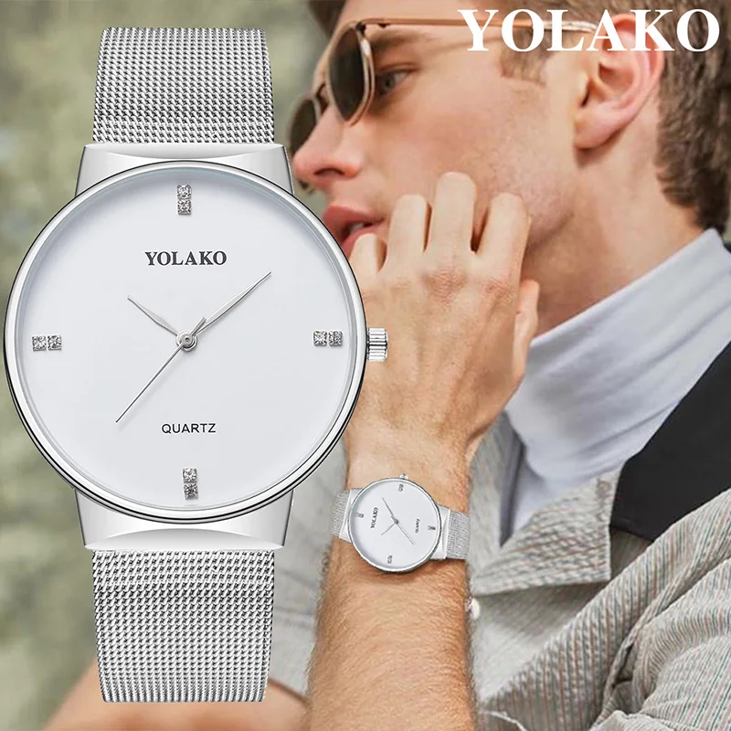

Couple Casual Watch Diamond Round Dial Wrist Watch with Ultra-thin Mesh Strap for Business Travel KQS8