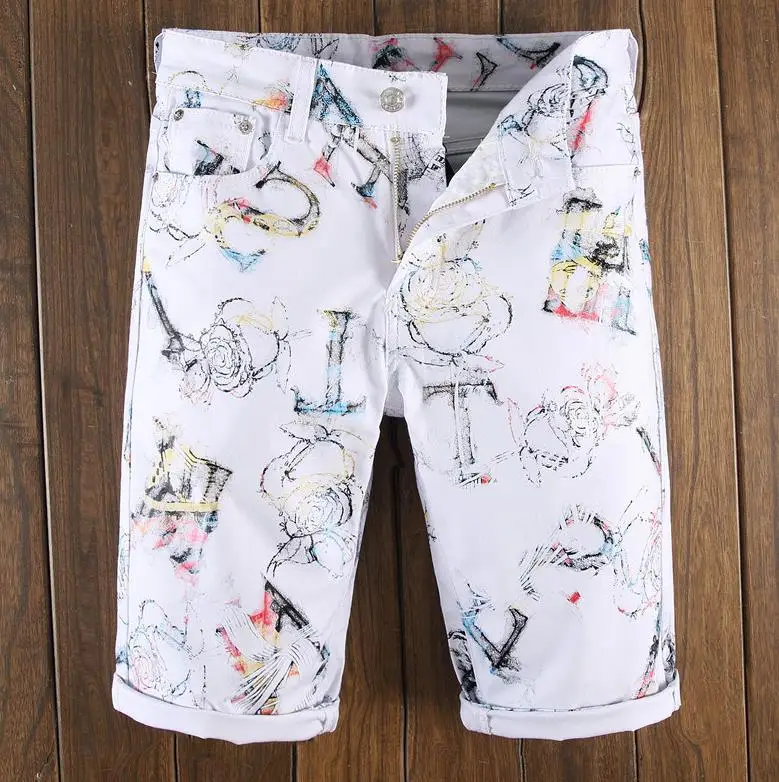 Мужские шорты с цветочным принтом, шорты с цифровой печатью, эластичные хлопковые белые летние шорты для мужчин#319