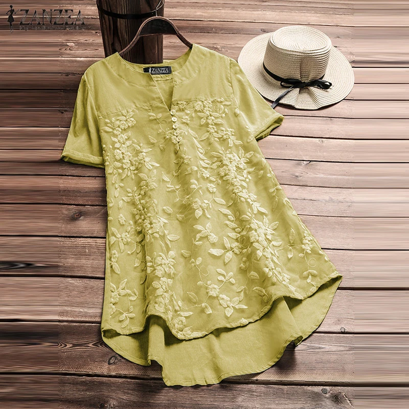 Skup ZANZEA 2018 Elegancki Urząd Pracy Lato Bluzka Kobiety Kr oacute;tki Rękaw Haft Floral Bluzki Casual Stałe V Neck Luźna Koszula Vestido