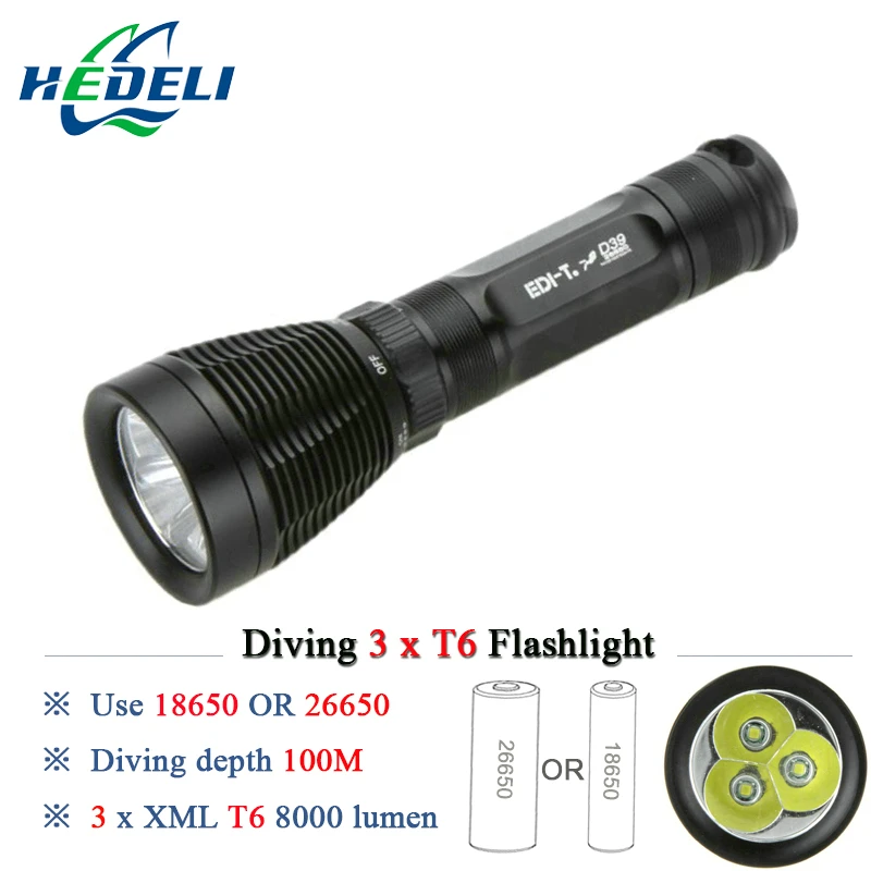 

100M Diving flashlight scuba flashlights underwater light dive torch 3 CREE XML T6 waterproof 8000 lumens 8 mode 18650 OR 26650