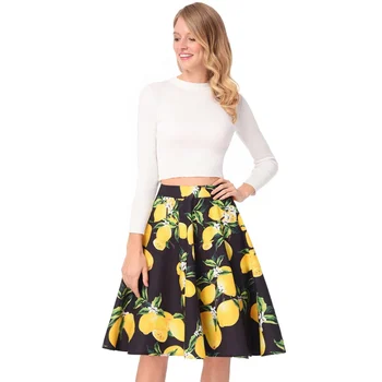 

Vintage Ladies Pleated Knee Length Skirts Women High Waist Lemon Print Skirts H6