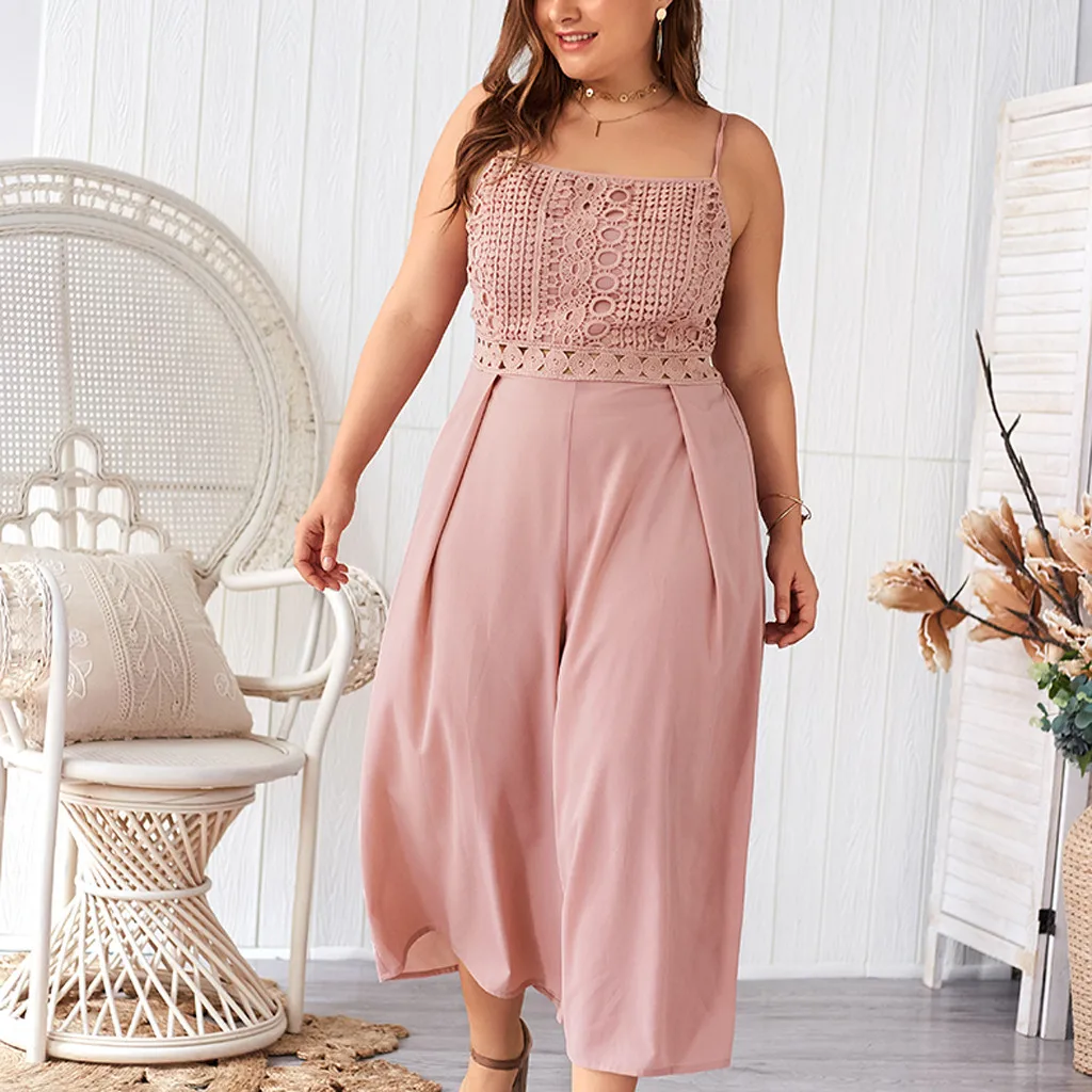 

Women Fashion Sleeveless Camisole Lace Ladies Solid Wide Leg Long Jumpsuit rompers womens plus size jumpsuit #4