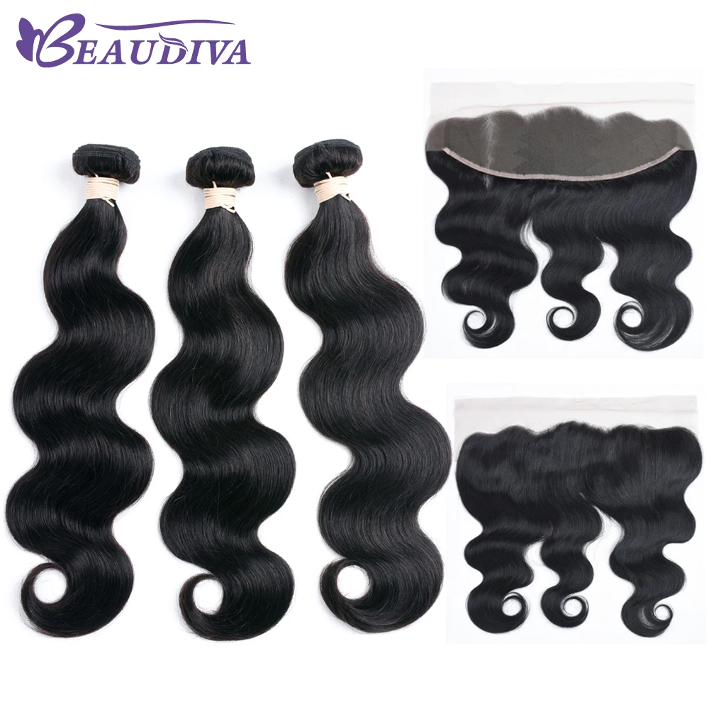 BEAUDIVA Pre-Colored Human Hair Weave Bundles With Closure 1# Jet Black Body Wave 13*4 Lace Frontal brazilian-body-wave-frontal