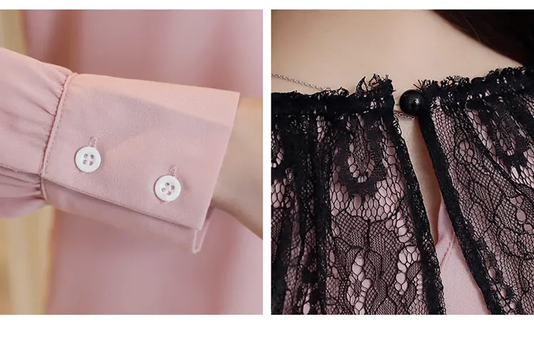 2019 New Autumn Tops Women Fashion Lace Patchwork Blouses Casual Long Sleeve Chiffon Blusas Mujer Pink White Shirt Female (12)