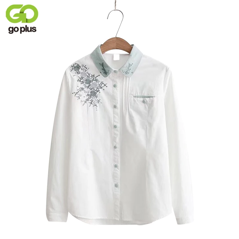 

GOPLUS 2019 Spring Women Cotton Shirts Contrast Color Turn Down Collar blusas Floral Embroidery blouse White ladies sweet Tops