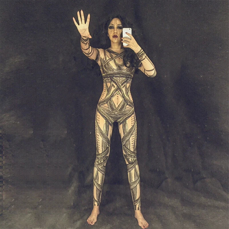 

Wome Mummy Black 3D Printed Sexy Jumpsuit DJ Singer Dancer Costume Nightclub Party Performance Stage Wear Halloween Clothing