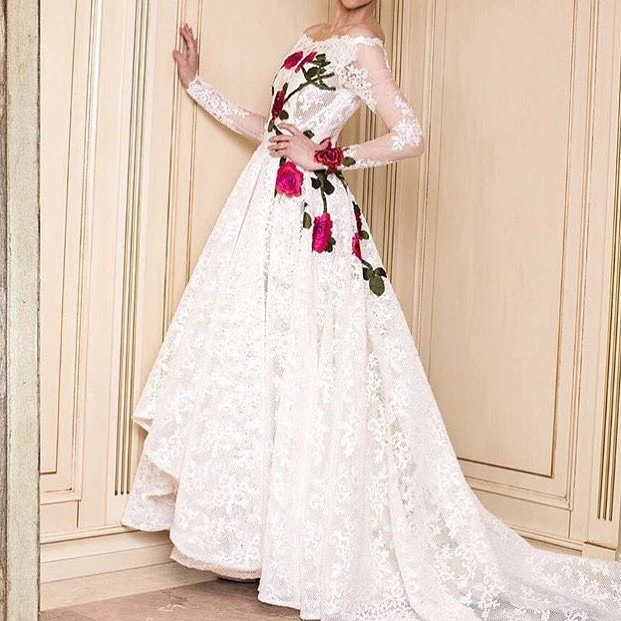 long white dress with red roses