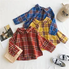 Новая весенняя рубашка в клетку для маленьких мальчиков и девочек, Корейская версия, Детские хлопковые Свободные повседневные блузы с длинными рукавами
