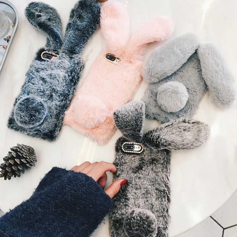 

For iPhone 7 8 Xr phone case 3D Cute Rabbit Hairy Warm Fur Cover for iPhone 5S 6S Xs MAX Bling Rhinestone Plush Bunny For Girls