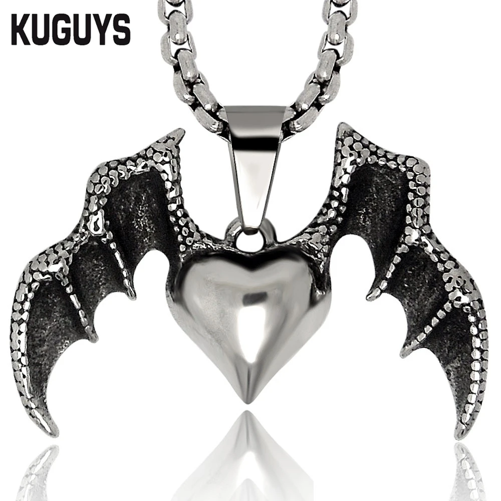 KUGUYS Lover's Jewelry Stainless Steel Wing Heart Pendant Necklace