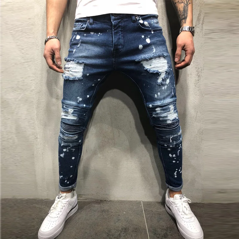 Men's Painted Skinny Slim Fit Straight Ripped Distressed Pleated Knee Patch Denim Pants Stretch Jeans Men's Painted Skinny Slim Fit Straight Ripped Distressed Pleated Knee Patch Denim Pants Stretch Jeans