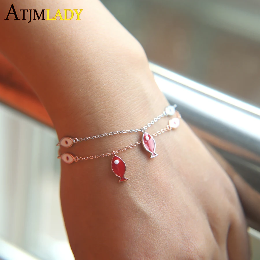 

2018 Special rose gold silver color 100% 925 sterling silver metal enamel eye fish charm chain dainty bracelet for girl gift