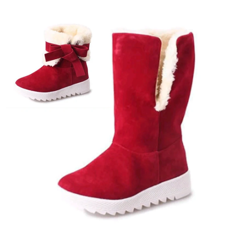 baratas Nova Moda Botas de Tornozelo Mulheres Botas de Neve de Inverno Mais Quente do Sexo Feminino Tubo Médio Plataforma Bowtie Camurça Pele de Pelúcia Sapatos de Algodão Das Senhoras