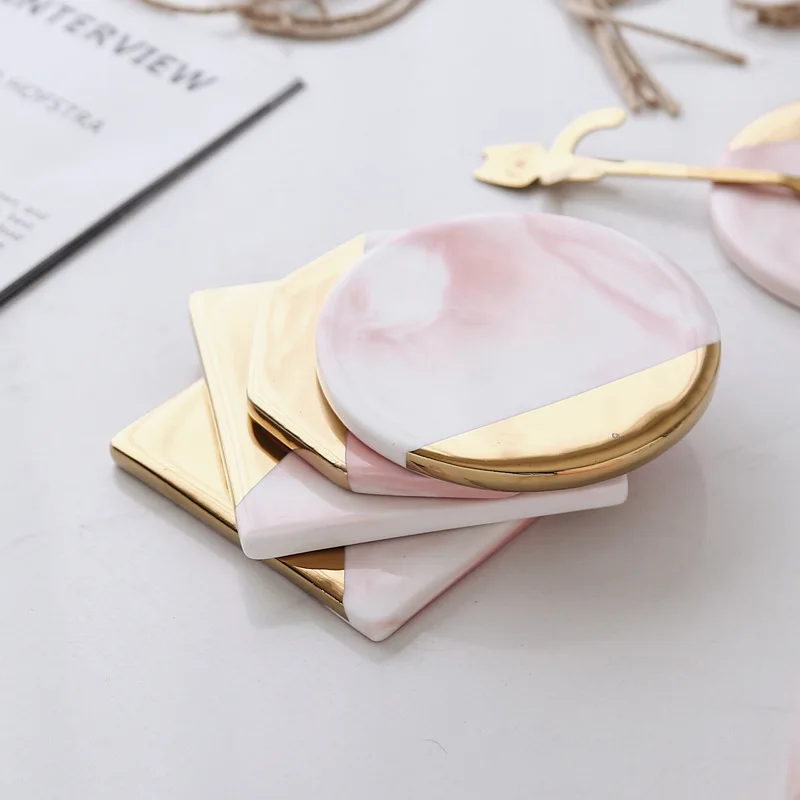 Luxury Unique Marble Pink Gold Ceramic Placemat Coaster Porcelain Mats Pads Table Decoration Accessories Kitchen Tool Gift