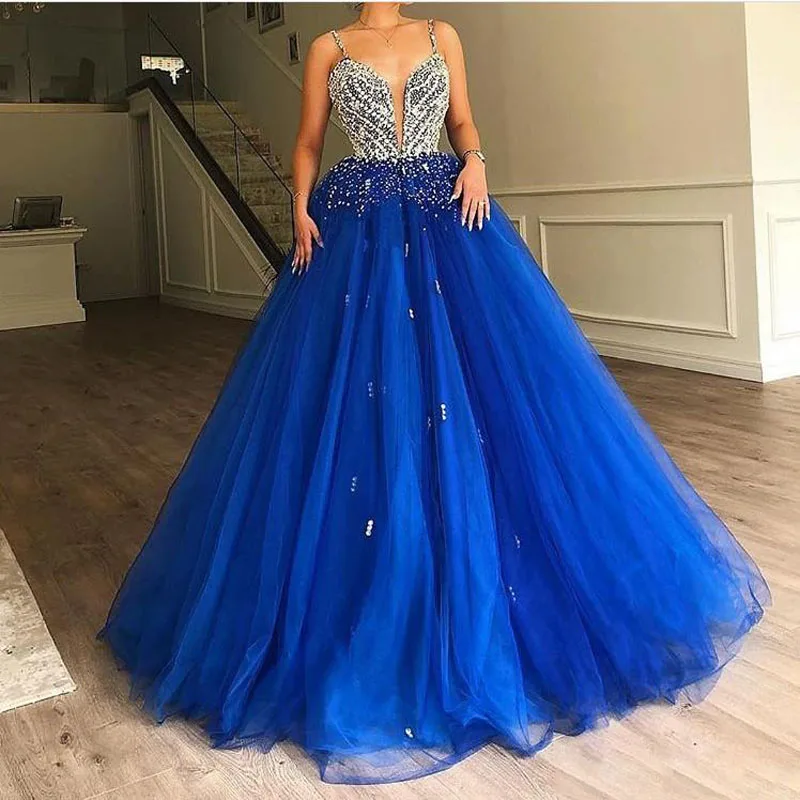 Royal Blue Prom Gowns Tulle Net A-line Evening Dresses Ruched Formal Modest Wear For Party Plus Size Beaded Crystal 2019 New Homecoming169