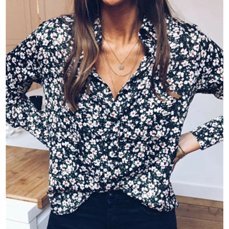 

2019 New Women Casual Shirt Floral Print OL Ladies Long Sleeve V-Neck Loose Blouse Tops Outdoor Women Clothes