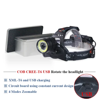 

t6 headlamp zoom lampa czolowa USB headlight far and near dual light source COB Hard Light flash head lamp 18650waterproof torch