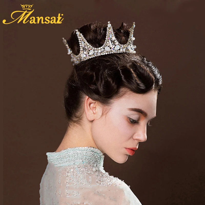 cheap Baroque Round Tiaras and Crowns Wedding Tiara Bridal Crown AB Crystal King Queen Princess Crowns Girls Fascinator Headpiece H341