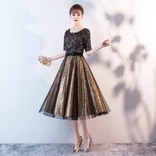 2019 Prom Dress Black Gold Sequins Half Sleeve O-neck Women Party Dress Night Tea-length A-line Plus Size Vestidos De Gala E427 v neck half sleeve tea length dress
