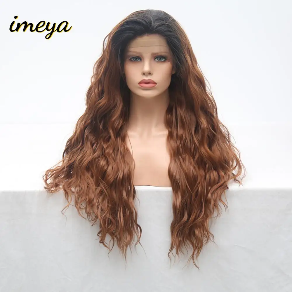 

Imeya Long Body Wave Wigs Black Roots With Brown Color High Temperature Heat Resistant Fiber Lace Front Synthetic Wigs For Women