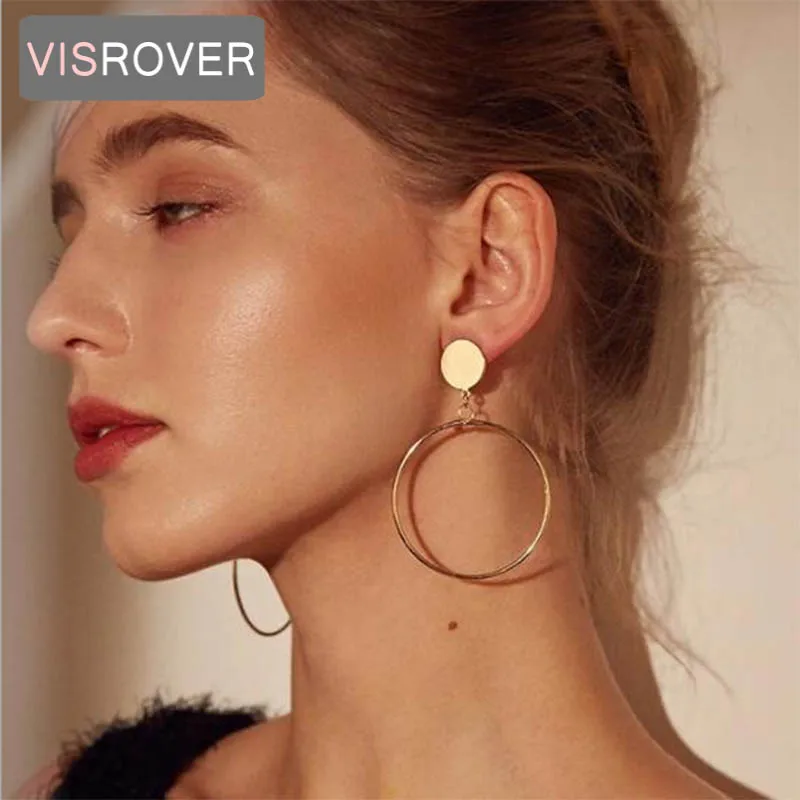 

VISROVER Korean golden Earring Simple Hoop Earrings for Women Geometric Big Circle Ear Hoop Earrings Jewelry
