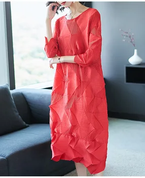 

High-end fashion diamond pleated dress fat mm spring dress loose thin large size cover belly lantern dress