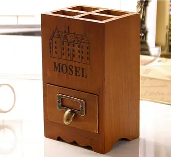 

Free Shipping!Vintage Style Wooden Box with Drawer Wooden Desk storage case Office Wooden pen holder Nature Wood Mini Cabinet