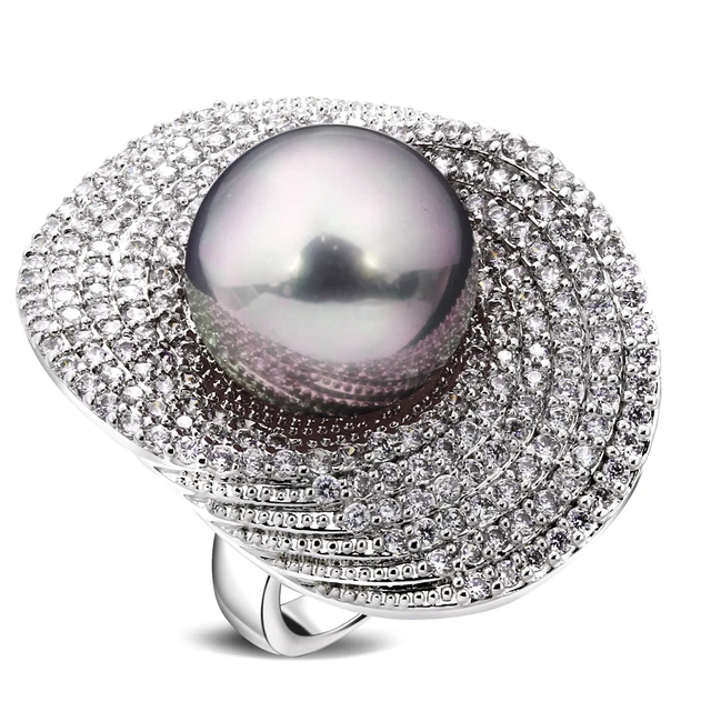 Grandi Anelli per le donne rhodium placcato w/zircone Cubico & perla d'imitazion Grandi Anelli per le donne rhodium placcato w/zircone Cubico & perla d'imitazion