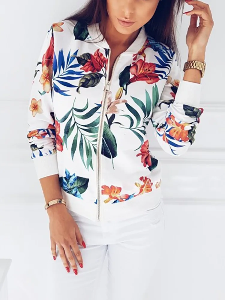 

2019 Summer Women Plus Size Print Bomber Jacket Retro Style Coat Long Sleeve Thin Zippe Short Biker Women Jackets Campus Coat