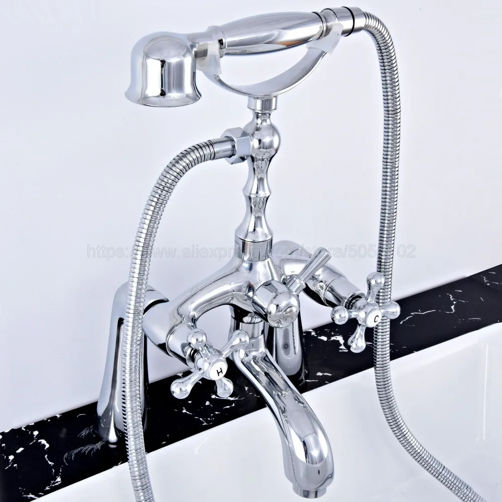 

Polished Chrome Deck Mounted Dual Handles Bathtub Faucets with Hand Shower Telephone Type Bath Shower Faucet ztf752