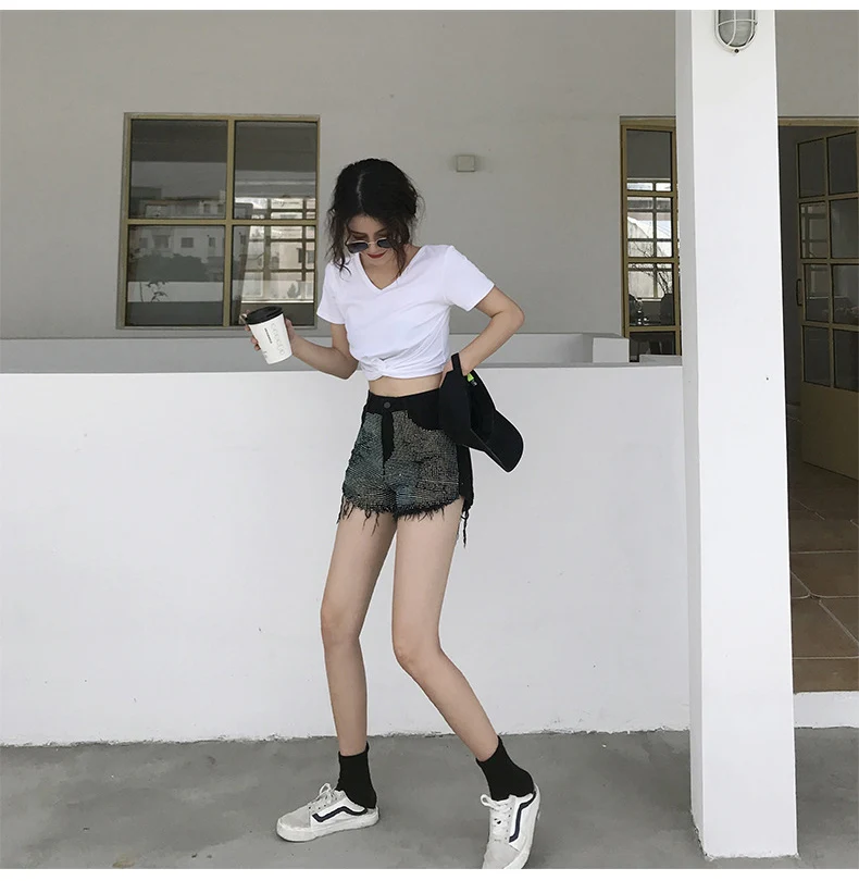 2019 женская одежда модного молодежного дизайна горячей бурения Ленточки джинсовые шорты облегающие Высокая Талия Джинсы женские Винтаж