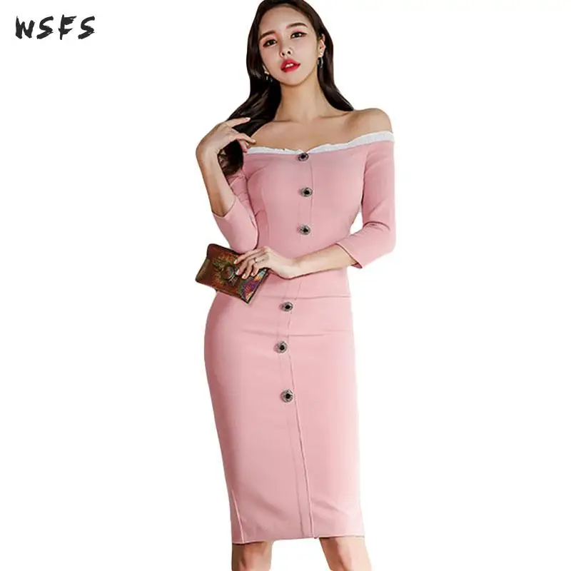 

Summer Dresses Pink Slash Neck Off Shoulder Women Dress Tight Elegant Bodycon Office Ladies Sexy Party Midi Wrap Pencil Dress