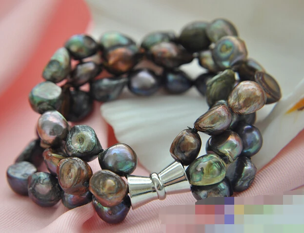 

FREE SHIPPING>>>@@ > 01384 3row 8" black coffee bronzy baroque freshwater pearl bracelet