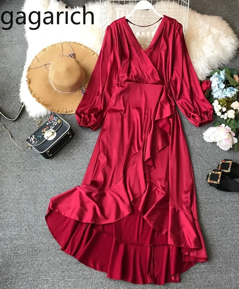 

Gagarich Women Beach Red Sexy Deep V-neck Thin Open Back Lantern Sleeve Vintage Dress 2019