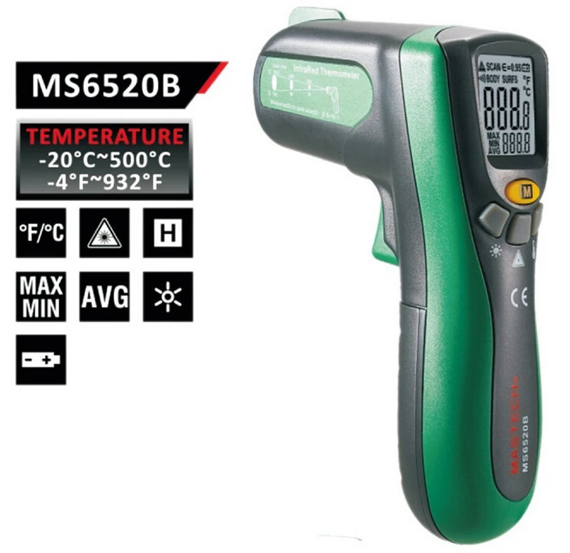 

MASTECH MS6520B Non-contact Auto range Digital Infrared Thermometer 10:1(D:S) Temperature Meter -20C~500C -4F~932F