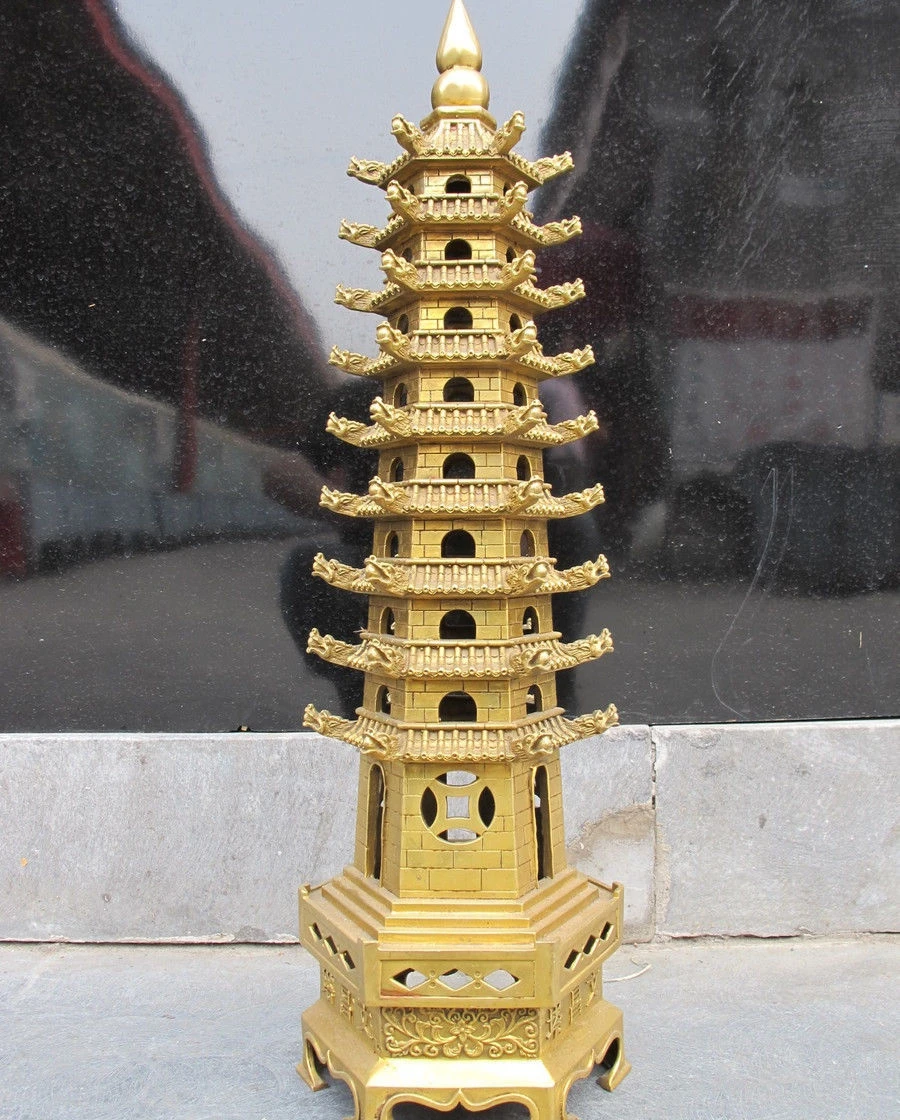 

23"Chinese Tibet Temple pure Brass Engraving Dragon Buddha stupa pagoda 57cm