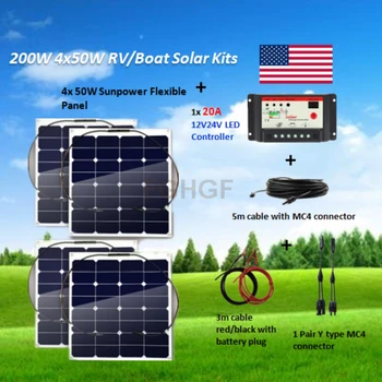 

Sunpower 4pcs 50W Flexible Solar Panel with 20A LED Charge Controller 200W solar System Kit for RV boat
