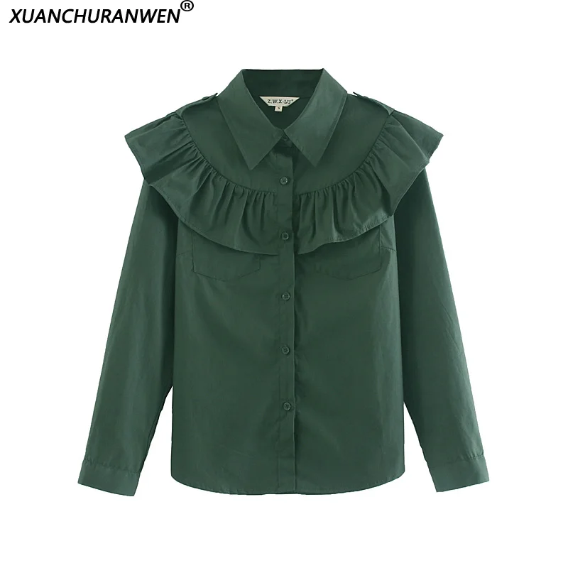 

New Hot Spring Summer Ruffles Cotton Blouse High Quality Slim Turn Down Collar Long Sleeves Tops For Ladies Shirt SD6069