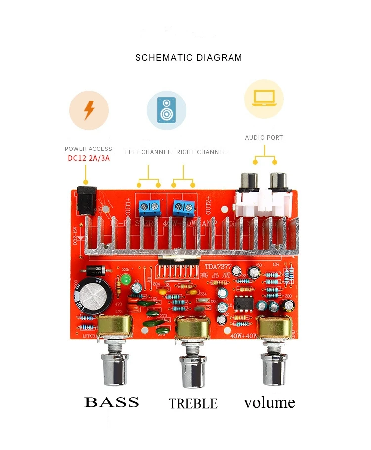 

12V TDA7377 40W*2 Audio Amplifier Power Board Stereo 2.0 Treble Bass Adjustable