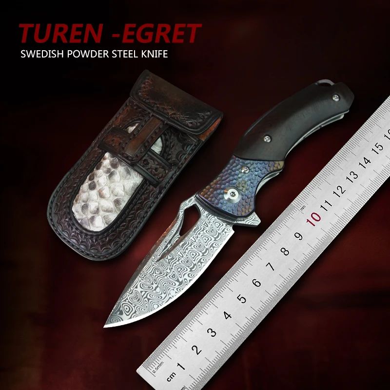 

TUREN-Swedish Powder Damascus Steel Folding Knife 60HRC Survival Hunting Pocket Knives Titanium Alloy Handle Collection Knife