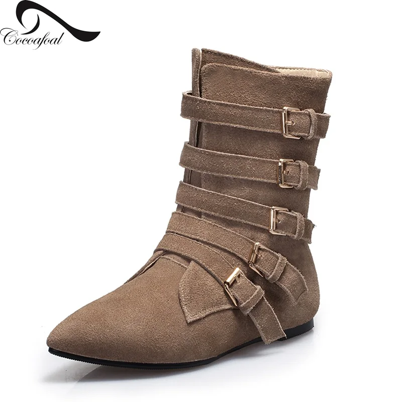 

Scrub casual shoes Pointed Flat with Autumn/winter Brown Black belt buckle Cow suede fashion simple Temperament Women boots