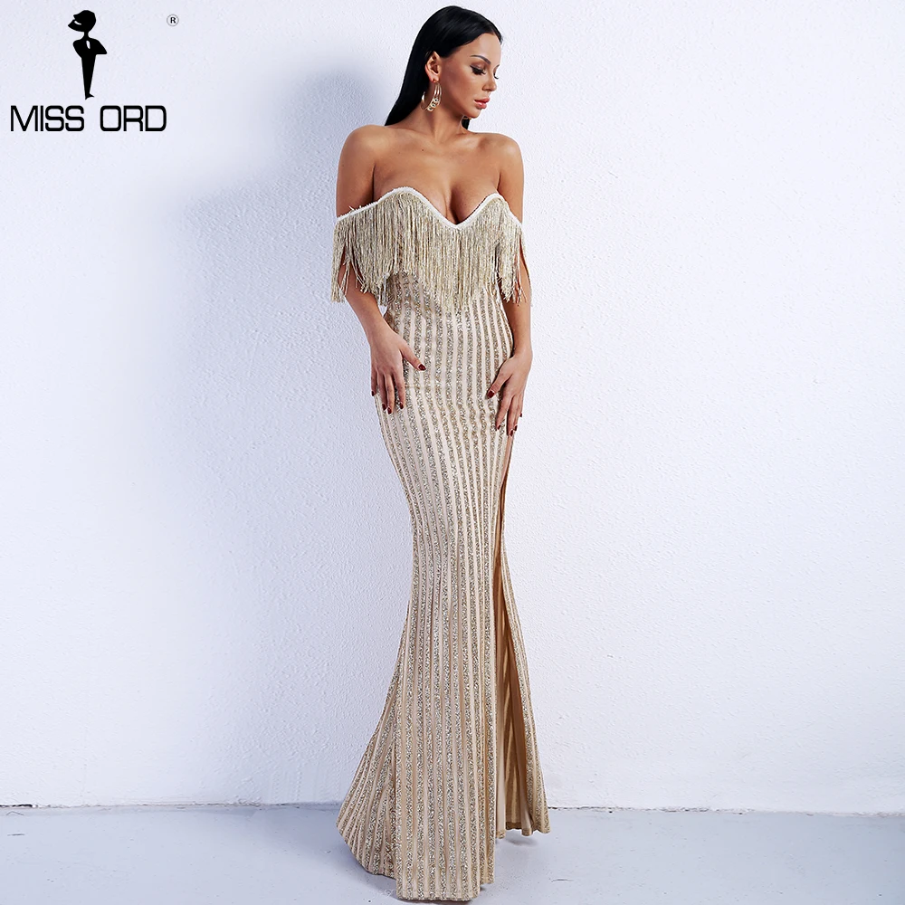 

Missord 2019 Sexy Elegant V Neck Off Shoulder Tassel Glitter High Split Maxi Dress FT8950