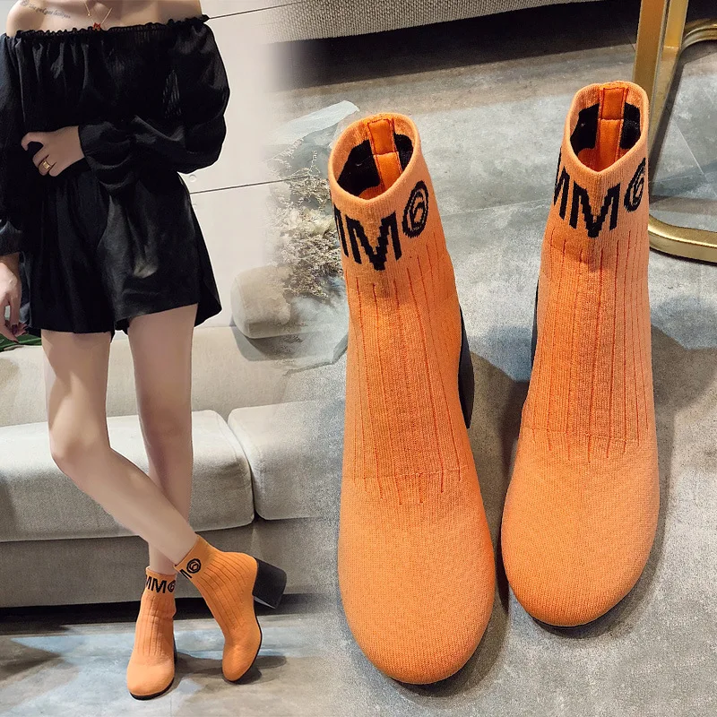 

Famous brand knitted sock short booties european stretch pleated chelsea boots women 7cm chunky heels ladies winter shoes 2019