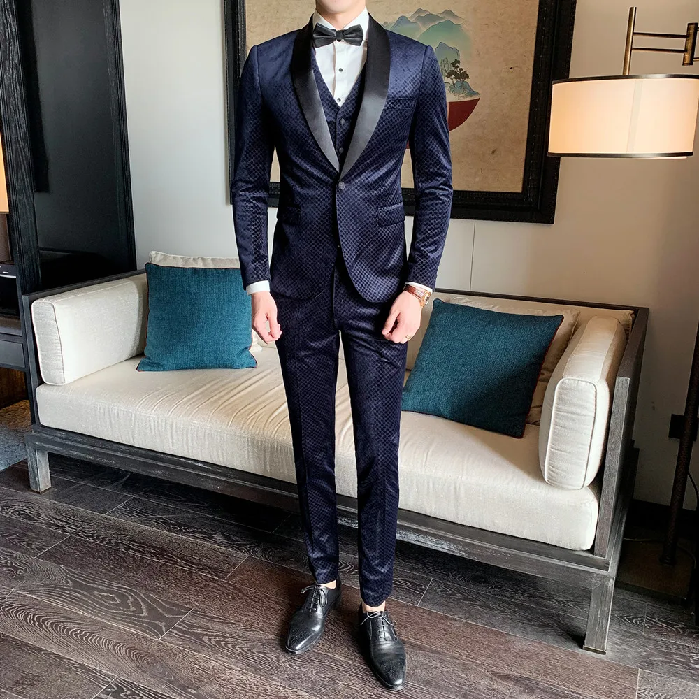 New Shawl Collar Male Velvet Suit Navy Blue Wedding Suits For Men Slim Fit Suit Male Elegant Prom 3-piece set Jacket Pants Vest