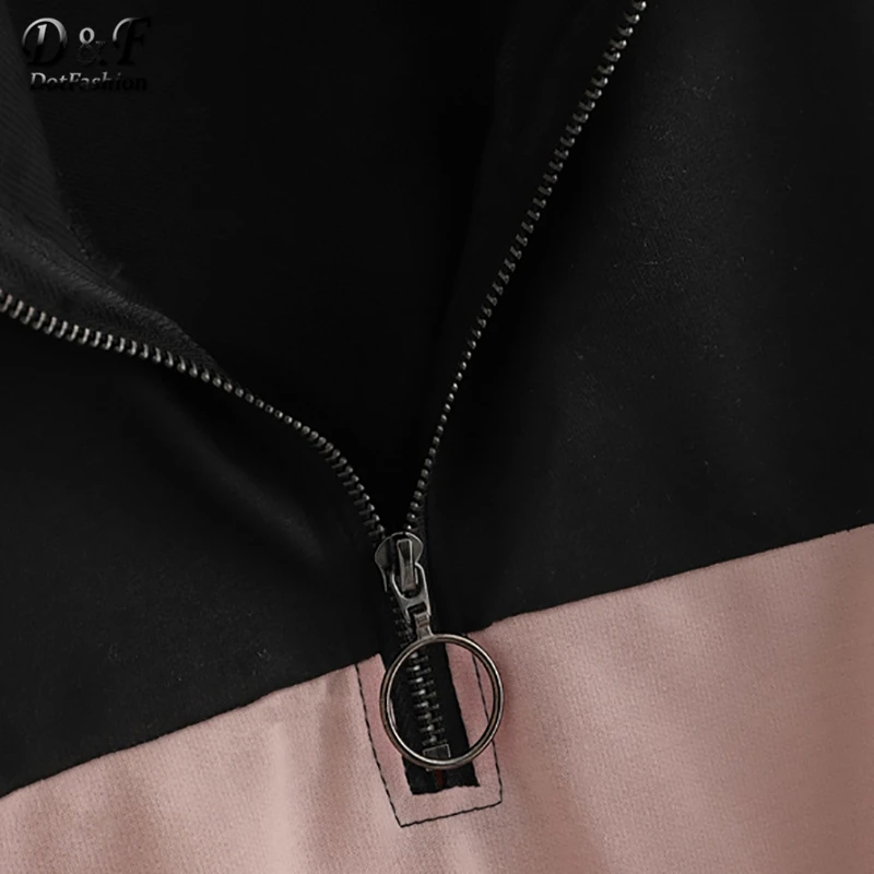  Dotfashion Contrast Panel Half Zip Crop Sweatshirt Women 2019 Autumn Casual Minimalist Tops Stand C