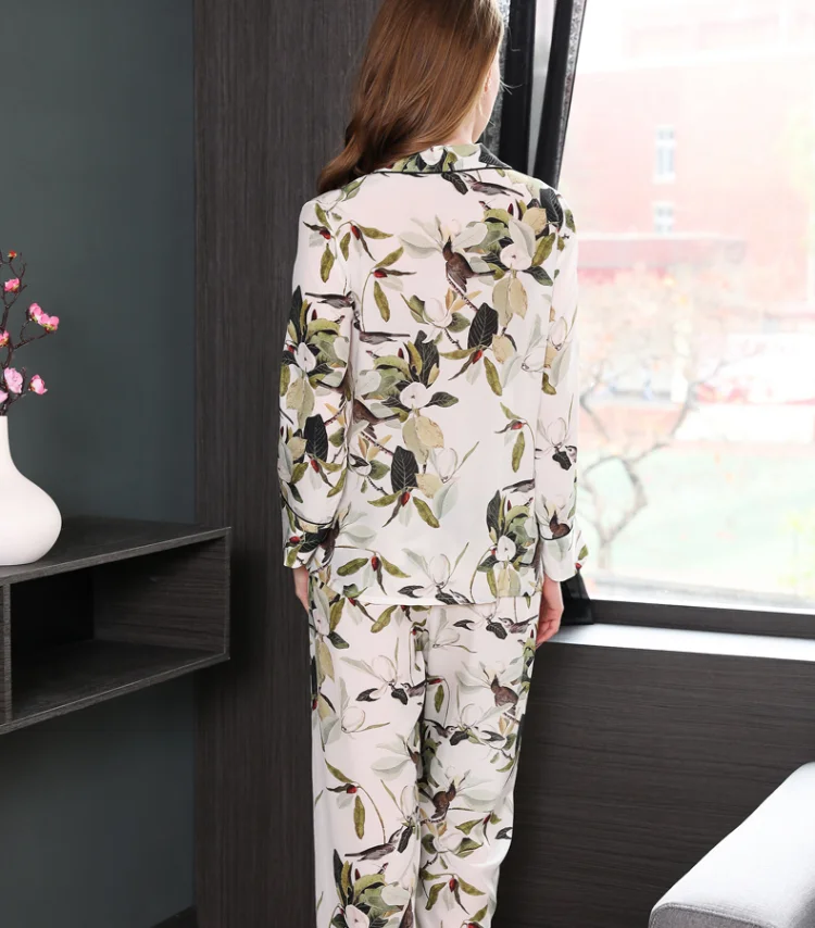 Для женщин Сексуальная 100% шелк атлас бренд Цветочный принт летняя одежда для сна из двух предметов пижамы брюки набор Костюмы шелковые