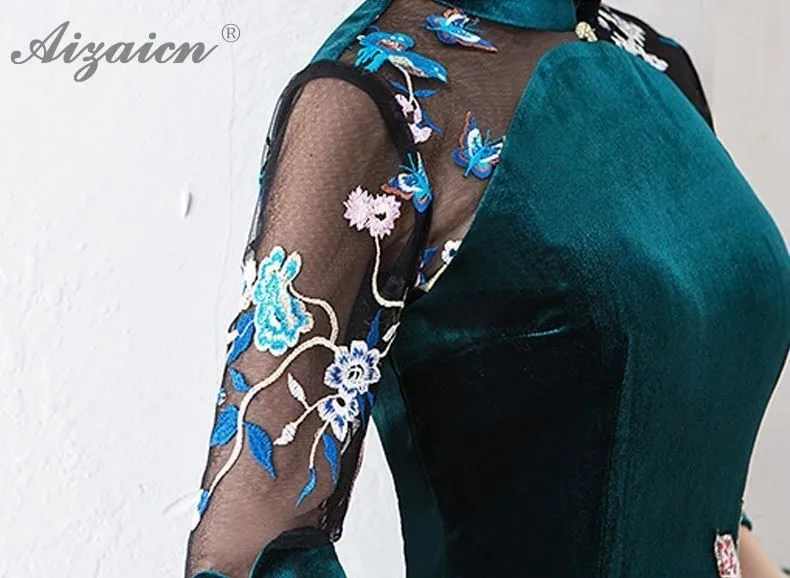 2019 nuevo de Cheongsam verde oscuro vestidos Chinoise bordado Long Qi Pao mujeres chino tradicional ropa vestido de noche